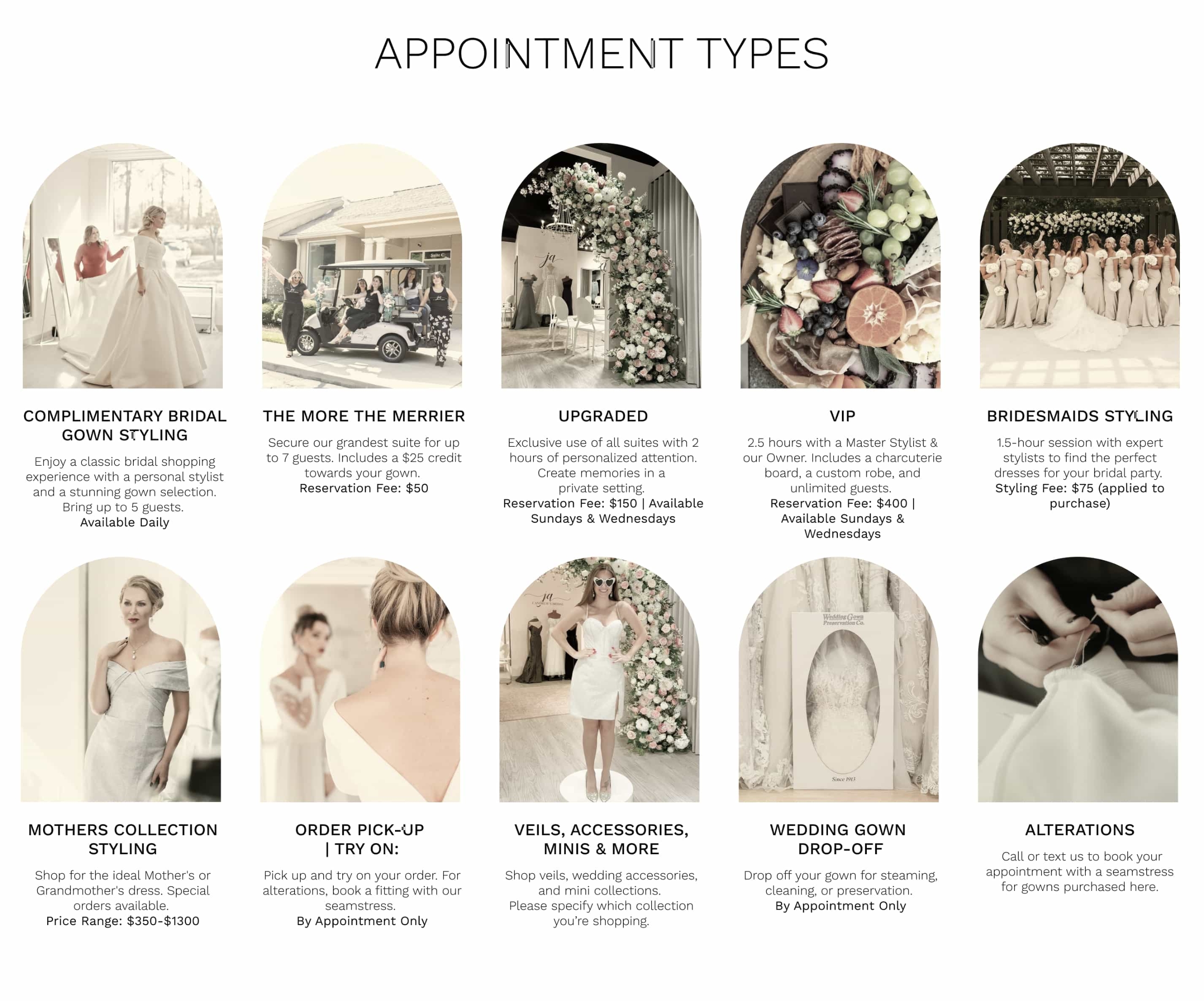 j andrew's bridal appointment menu image guide