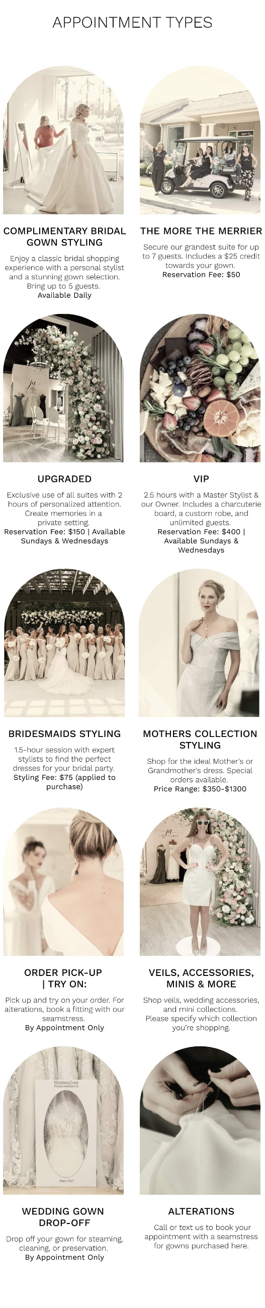 j andrew's bridal appointment menu image guide