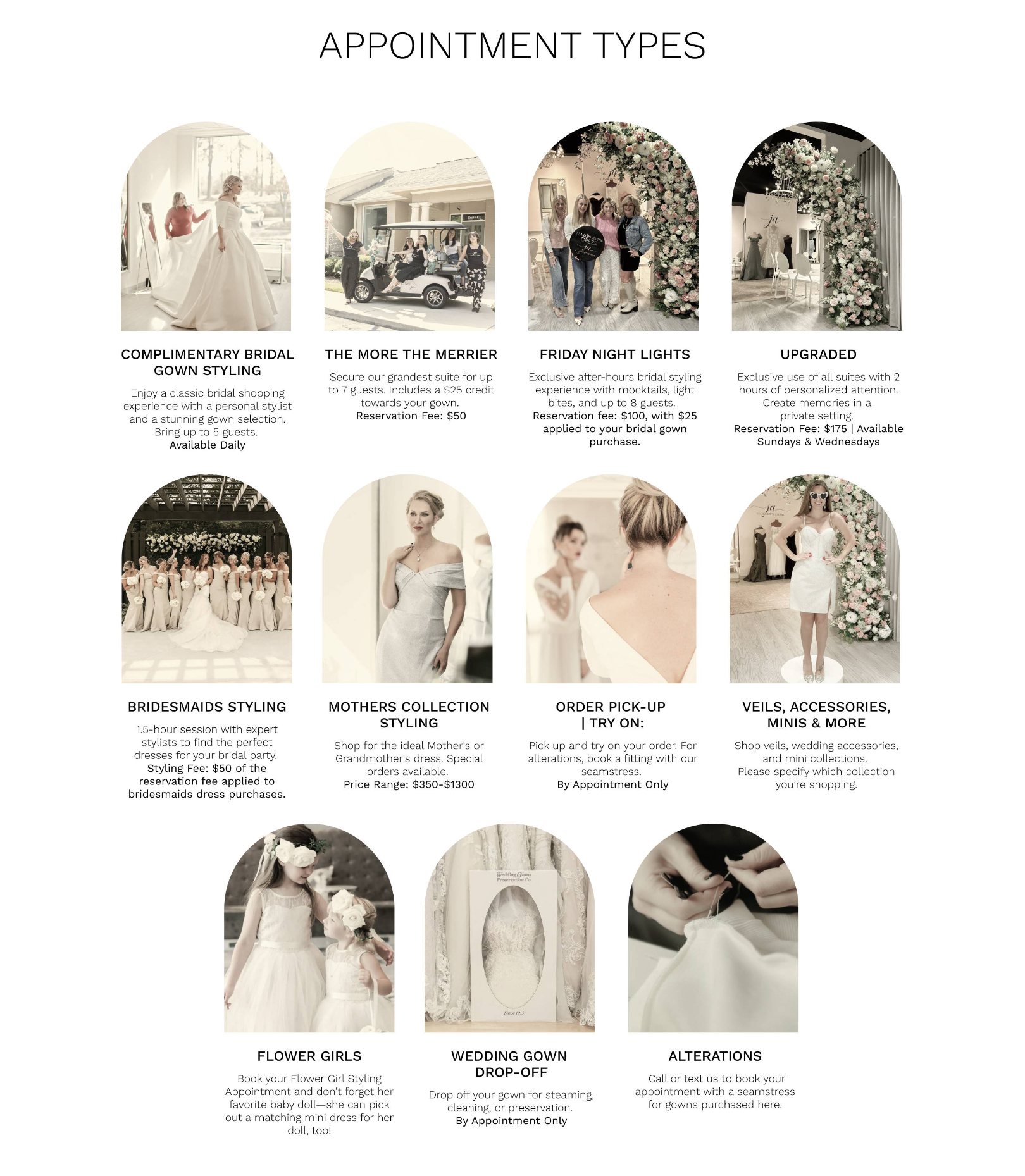 j andrew's bridal appointment menu image guide