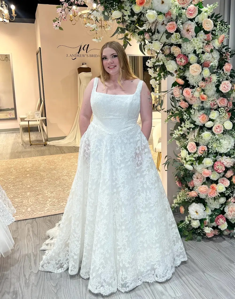 Model wearing a lace dress