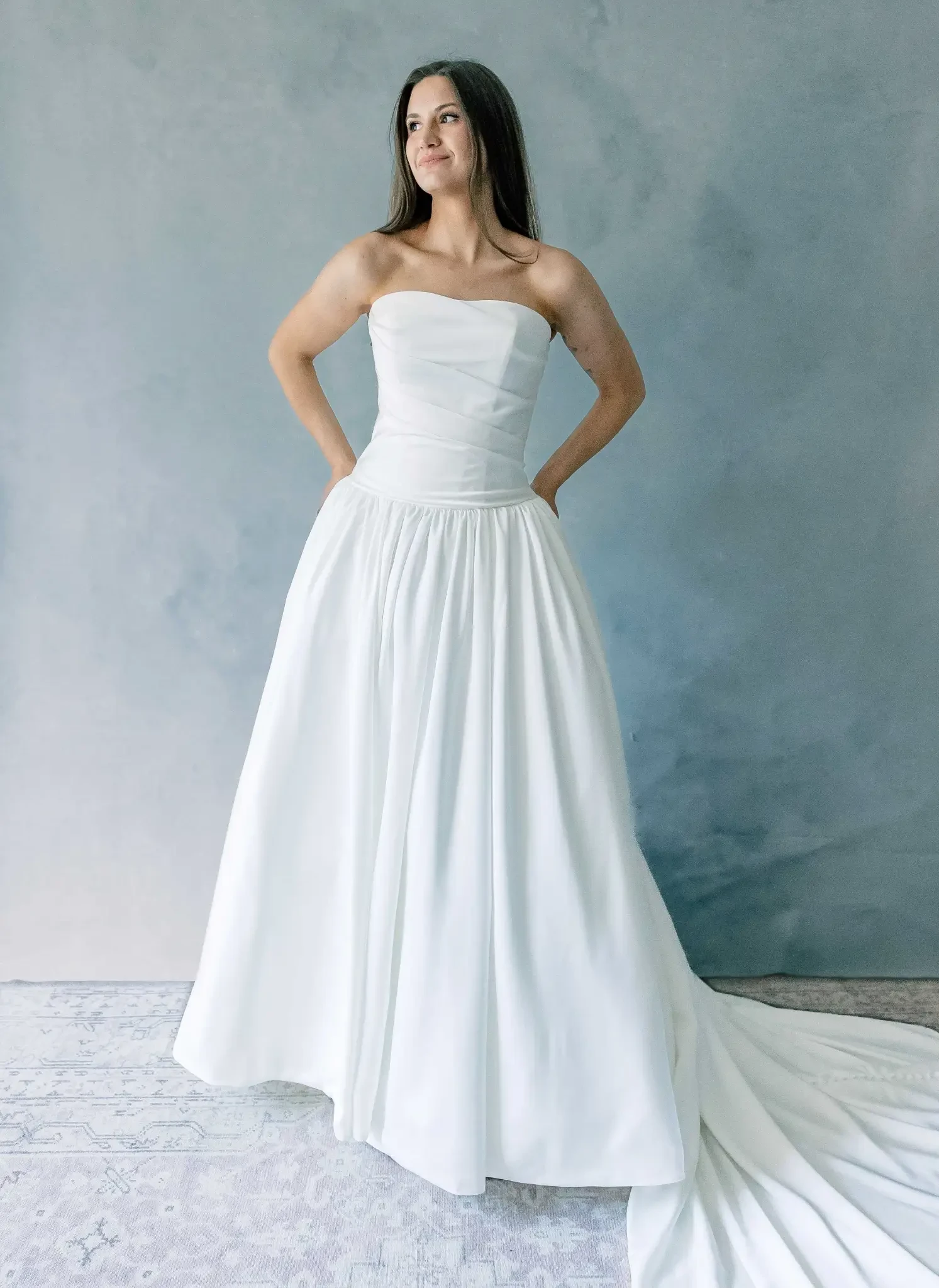 Model wearing a classic wedding dress