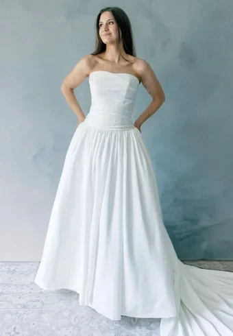 Model wearing a classic wedding dress