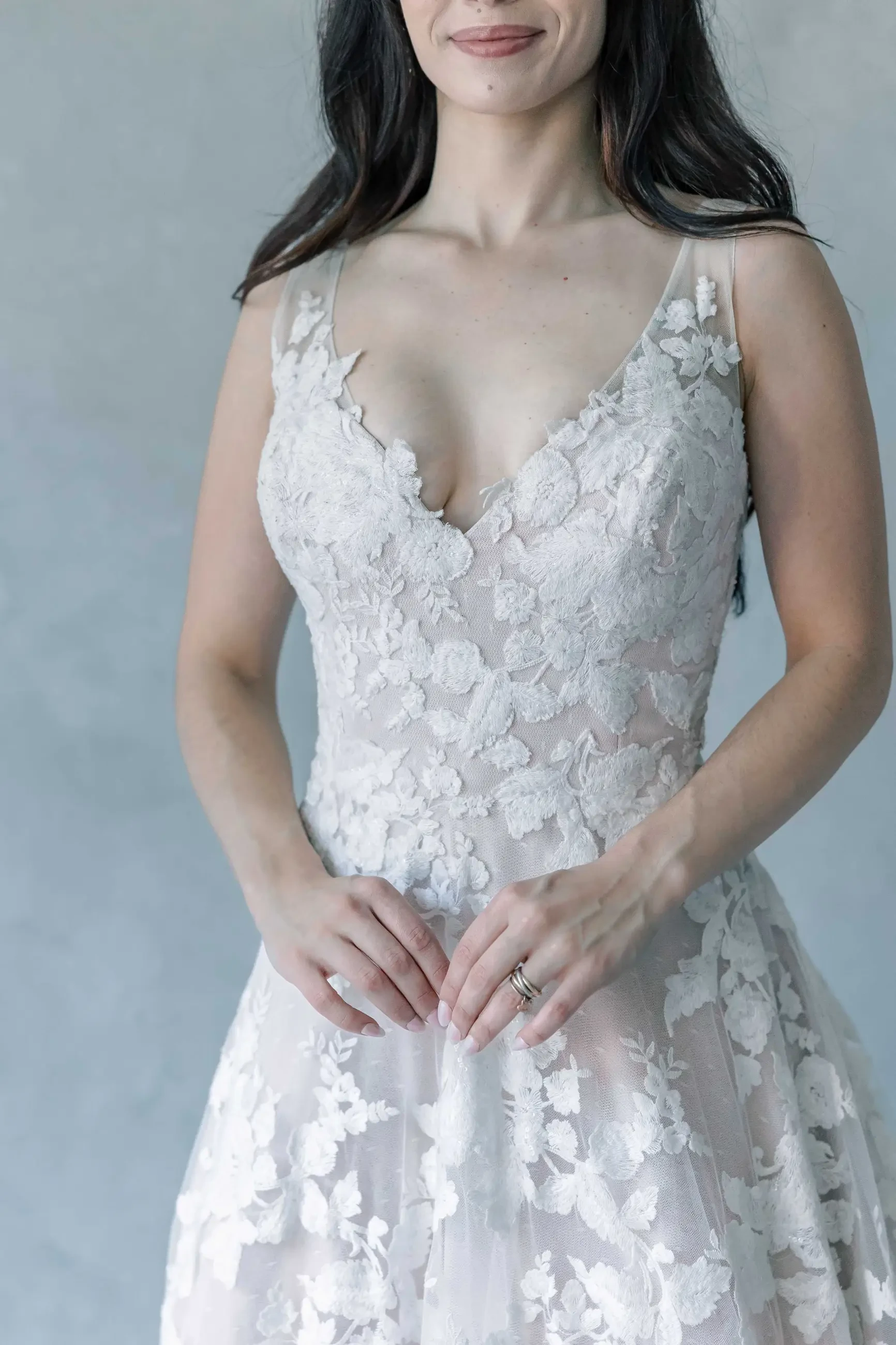 Model wearing a lace dress