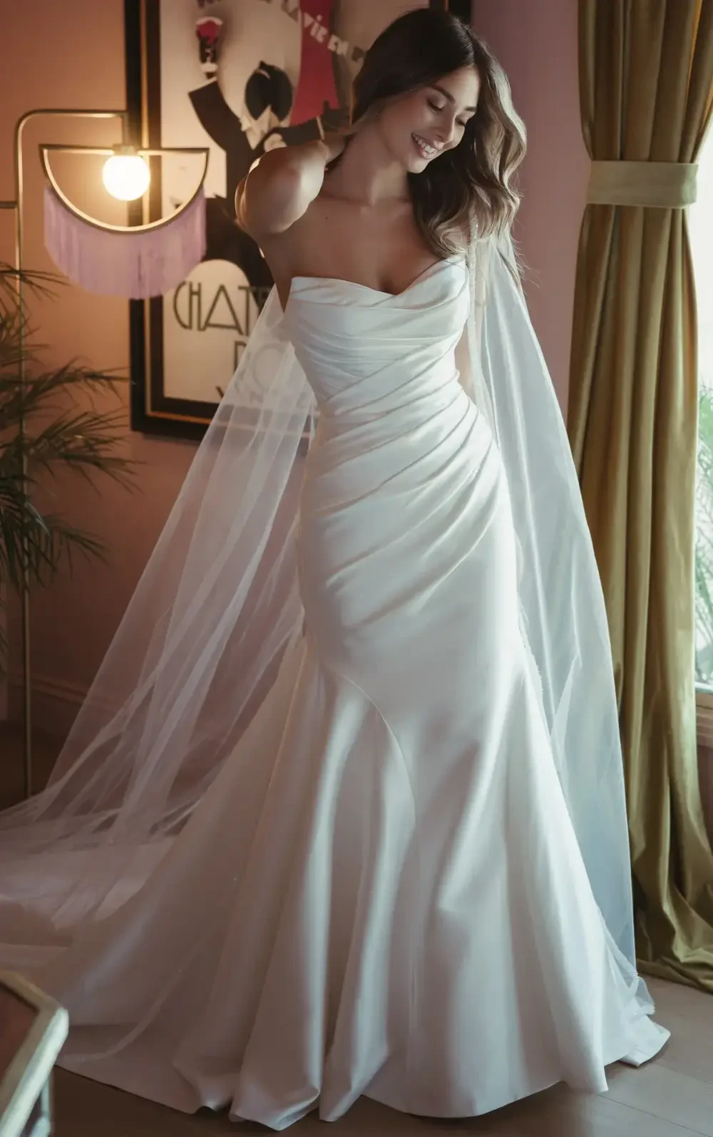 A woman in a white wedding dress with a fitted bodice and flowing skirt, standing by a window, wearing a sheer cape.