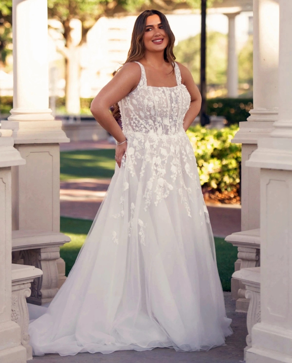 Model wearing a curvy dress