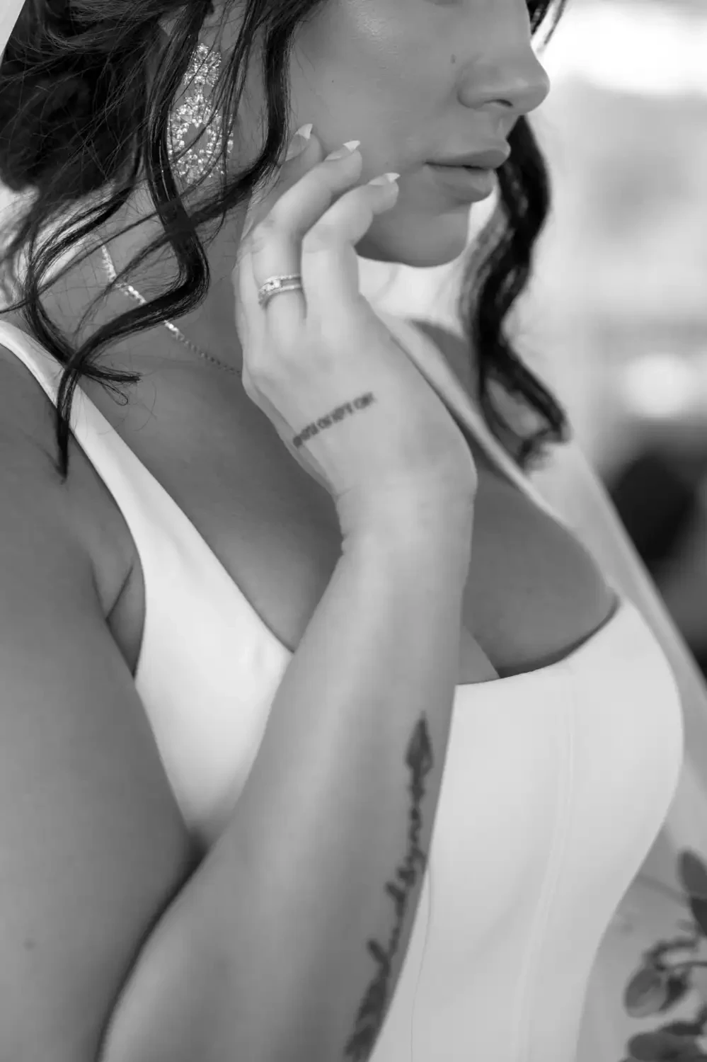 model wearing wedding gown close up