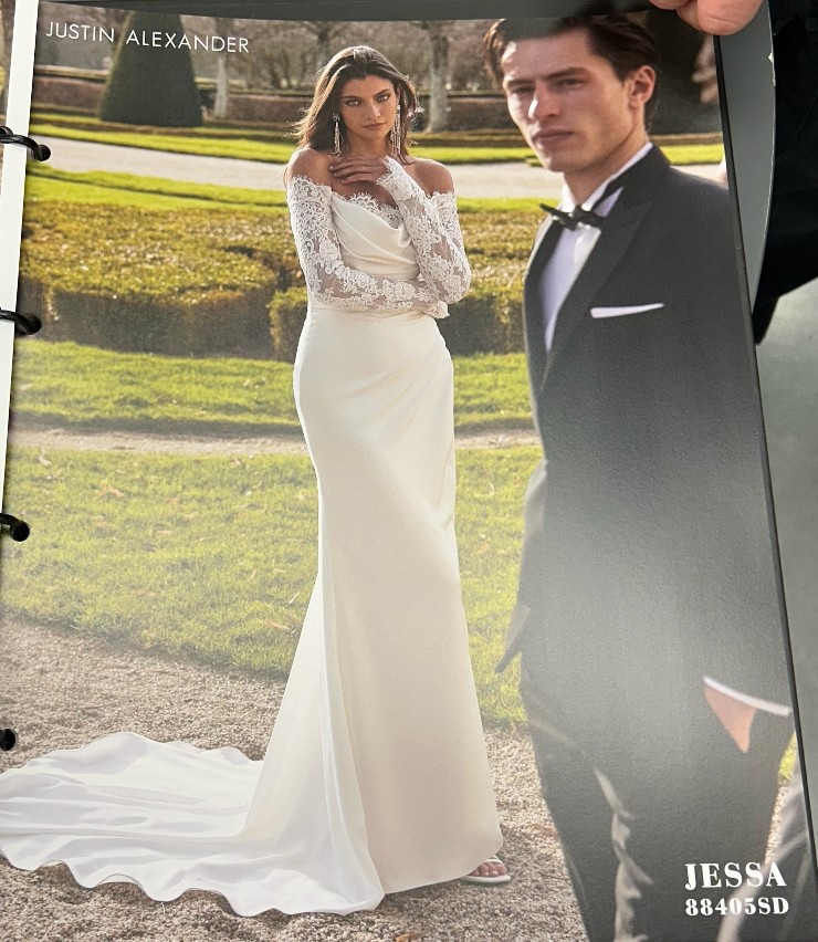 fitted lace wedding dress Signature by Justin Alexander Hughes Wedding Dress - Lace Fit and Flare Bridal Gown with Off-The-Shoulder Long Sleeves - Size 12 main image 0